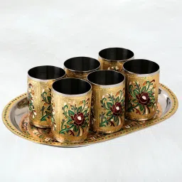 Glass Tray Set Steel Serving Set Meenakari Glass Tray Set Water Juice Serving Set Of 6 Glass Tray Set-image-16