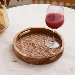 Hand Crafted Acacita Wood Bamboo Base Round Tray Tray-image-3