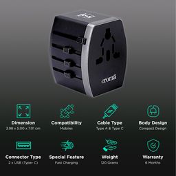 Croma Type A & Type C 4-Port Charger (Adapter Only, AC Outlet With Safety Shutter, Black) image 2