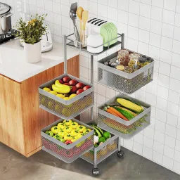 5-Tier Revolving Multipurpose Storage Rack with Wheels | Silver Iron Kitchen Trolley-image-13