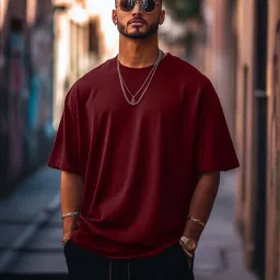 Oversized Men Solid Round Neck Pure Cotton Maroon T-Shirt-image-2