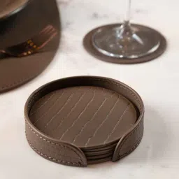 three sixty Sterling Round Grey Recycled leather (Set of 6) Coasters-picture-7
