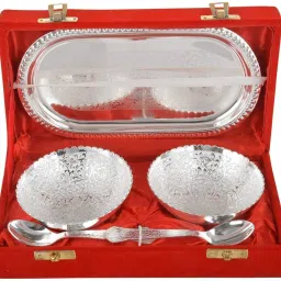 Royal Silver Plated Serving Bowl Set For Gifting in Diwali, Wedding Bowl, Spoon, Tray Serving Set-picture-17