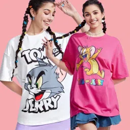 Pack of 2 Women Printed Round Neck Cotton Blend Pink, White T-Shirt-image-21
