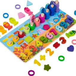 Wooden 6-in-1 Multifunctional Puzzle Board Number, Shape, Fishing Game, Stacking-image-84