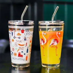 Printed Glass with Airtight Lid and Straw Children's Breakfast Milk Coffee Glass Coffee Mug-image-4