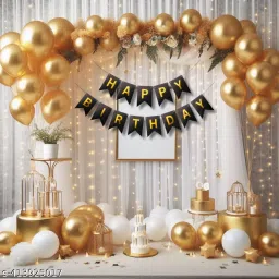 Solid Gold White Birthday Decoration Kit With White Net Curtain & Led Light Balloon-7