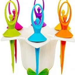 Plastic Dancing Doll Fruit Fork Set With Stand, 6 PCS Fork Spoon Set in Each Stand (Multicolor, Pack Of 1) Disposable Plastic Fruit Fork-13