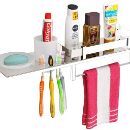 Stainless Steel 4 in 1 Multipurpose Bathroom Shelf – Bathroom Rack With Towel Holder - Soap Dish – Tumbler Holder – Toothbrush Holder – Bathroom Stand With Towel Rod – Bathroom Accessories (18 x 5 inches) Steel Wall Shelf-image-45