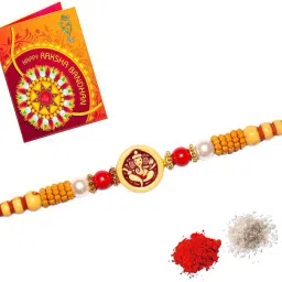 Rudraksh rakhi gift for brother comboG3-1 Assorted Rakhi, Chawal Roli Pack, Greeting Card Set-image-6