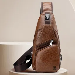Khaki Men Shoulder Bag - Medium Brown Trendy Shoulder Bag With USB Charging Adapter And Headphone Slot-image-87