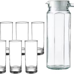 Round Shape Plain Water GLASS Long Glasses Set & Water jug with Plastic Cap Jug Glass Set-image-35