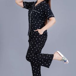 Women Shirt & Pyjama set Black Printed-image-76
