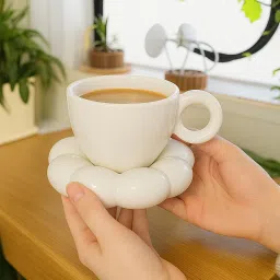 Pack of 1 Ceramic Modern White Ceramic Cup With Bubble Saucer | 275ml Coffee Mug-image-66