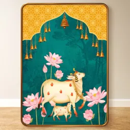 Cow Pichwai Sparkle Lamination Finished Surface Golden Slim Frame Digital Reprint 19.5 inch x 13.5 inch Painting-13
