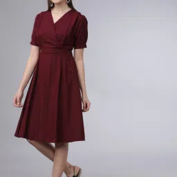 Women A-line Maroon Knee Length Dress-image-100