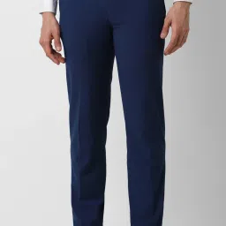 Men Slim Fit Dark Blue Polyester Trousers-image-33