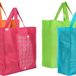Foldable Reusable Smiley Printed Shopping Bag with One Small Pocket (Set Of 4,Orange & Green & Pink & Blue) Pack of 4 Grocery Bags-image-45