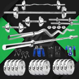 65 kg Steel Plates (10KGX2Pcs)+ (7.5KGX2Pcs) + (5KGX4Pcs) + (2.5KGX4Pcs) 4FT Curl & 5FT Straight 28mm Rod + 2 Dumbbell Rod + Hand Gloves + Skipping Rope + 4 lock + Hand Grip + Home Gym Combo-image-3