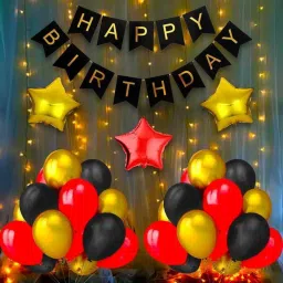 Solid Happy Birthday Balloon Set Of 35 Balloons 1 Happy Birthday Black Paper Banner 1 Light 2 Gold Star Foil Balloon 18" 1 Red Star Foil Balloon 18" 30 Red Gold Black Metallic balloon For Birthday Decoration Balloon-6