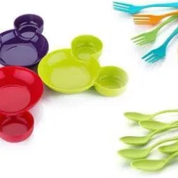 Pack of 9 Plastic Pack of 3 Plastic Unbreakable Eco Friendly Childrens Mickey Minnie Shaped Serving Food Plate Free Spoon Fork Set of 3 Assorted Colours, Mickey Mouse Bowl, Fruit Plate, Baby Cartoon Pie Bowl Plate, Children Tableware(pack of 3 Plate ,3 Spoon ,3 Fork) Dinner Set Dinner Set-image-45