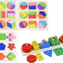3 Sets Of Shapes Wooden Shape Puzzle Blocks Chunky Puzzle Kindergarten & Geometric Shape Educational Intelligence Early Learning Wooden Blocks-21