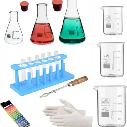 Laboratory Kit - 3 Beakers & 3 Conical Flask, Test tubes (6 pcs) with 1 Plastic Test Tube Stand and 1 Test Tube Holder, 2 Rubber Cork, 2 Packs of PH Papers, 1-Set of Gloves Combo of 19 Products-26