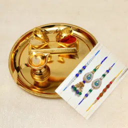 Bhaiya Bhabhi Rakhi Combo Set 1 Pooja Thali, Chawal Roli Pack, 1 Designer Lumba, 3 Rakhi Assorted, Gold, Gold Finish, Jute, Kundan, Mauli Thread, Pearl, Yarn Thali, Rakhi, Showpiece, Chawal Roli Pack Set-image-26