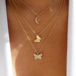 creative simple fashion retro butterfly moon multi-layer necklace for ladies Metal Layered-image-20