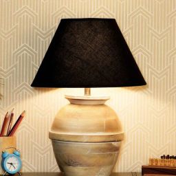 kapoor lampshades Levo Black Cotton Shade Night Lamp With Wood Base-picture-12