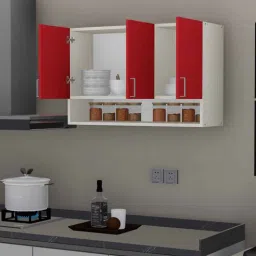 specialitypanels 3 Doors Modular Wall Mounted Kitchen Cabinet with Organizer Shelf in Scarlet Red & Highland Pine Finish-picture-24