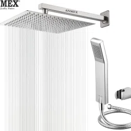 ANMEX COMBO of SS304 UltraSlim High Pressure Rainfall Shower Head With Shower Fit Arm HandShower (ABS),SS304 1.5mtr Tube And Hook 8X8+15Inch Arm+HandShower Set)-25