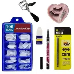COMBO OF Beauty Artificial Nails (100), Glue, False Eyelash, Eyeliner, Kajal, Eyelash Curler-11