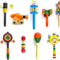 Wooden Head Plane Cage Damru Ten Plate Dumble Egg Five (Set of 9) Rattle-image-2