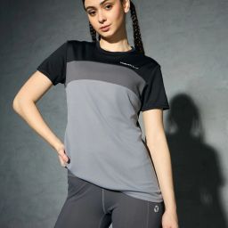Women Colorblock Crew Neck Polyester Black T-Shirt-image-14