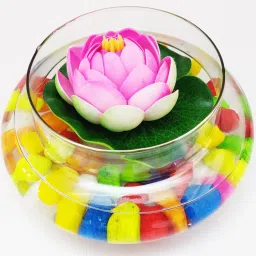 Beautiful Round Clear Vase with Pink Faux Lotus Flower and Multicolour pebbles Earthenware Vase-image-83