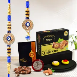 Bhaiya Bhabhi Rakhi Combo with Chocolate Almond(32gm)|Rakhi for Bhaiya/Bhabhi |K1_456_CA32_Y24 Assorted Rakhi, Chawal Roli Pack, Coins, Greeting Card Set-46