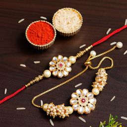 Bhaiya Bhabhi RAKHI205.12 Kundan Artificial Flower, Lumba, Bracelet, Rakhi, Chawal Roli PackSet-24