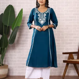 Women Embroidered Viscose Rayon A-line Kurta-image-26