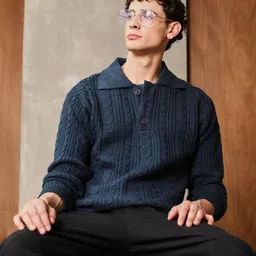campus sutra Men Woven Collared Neck Blue Sweater-picture-6