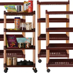 Pack of 4 Multipurpose 4-Layer Storage Trolley Rack with Wheels | Brown Plastic Kitchen Trolley-image-36