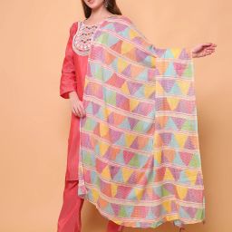 Cotton Blend Geometric Print Yellow, Light Green, Purple, Red, Blue, Pink, Multicolor Women Dupatta-6
