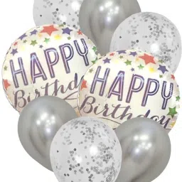 Printed Birthday Baloon Set of 8 Piece Star Printed White Round Confetti Metallic Silver Balloon-image-40