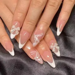24 Reusable Artificial Fake Nail Set |Base peach colour with White Bow Design Peach-20