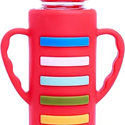 Glass Feeding Bottle with Handle Silicon Cover for Baby - Red (240ml) - 240 ml-image-1