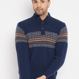 Men Self Design High Neck Blue Sweater-image-70