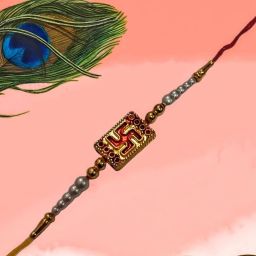 Religious Swastik 01 Plastic (PVC), Pearl, Mauli Thread Rakhi Set-image-94