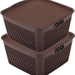Plastic Netted Square Plastic Storage Baskets with lid Medium Pack of 2 (Brown) Storage Basket-image-38