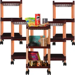 Pack of 5 Multipurpose 3-Layer Office Storage Trolley Rack with Wheels | Brown Plastic Kitchen Trolley-image-49