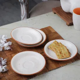 White Matt Brown Border Ceramic Small Cookie Plates Set of Four Quarter Plate-9